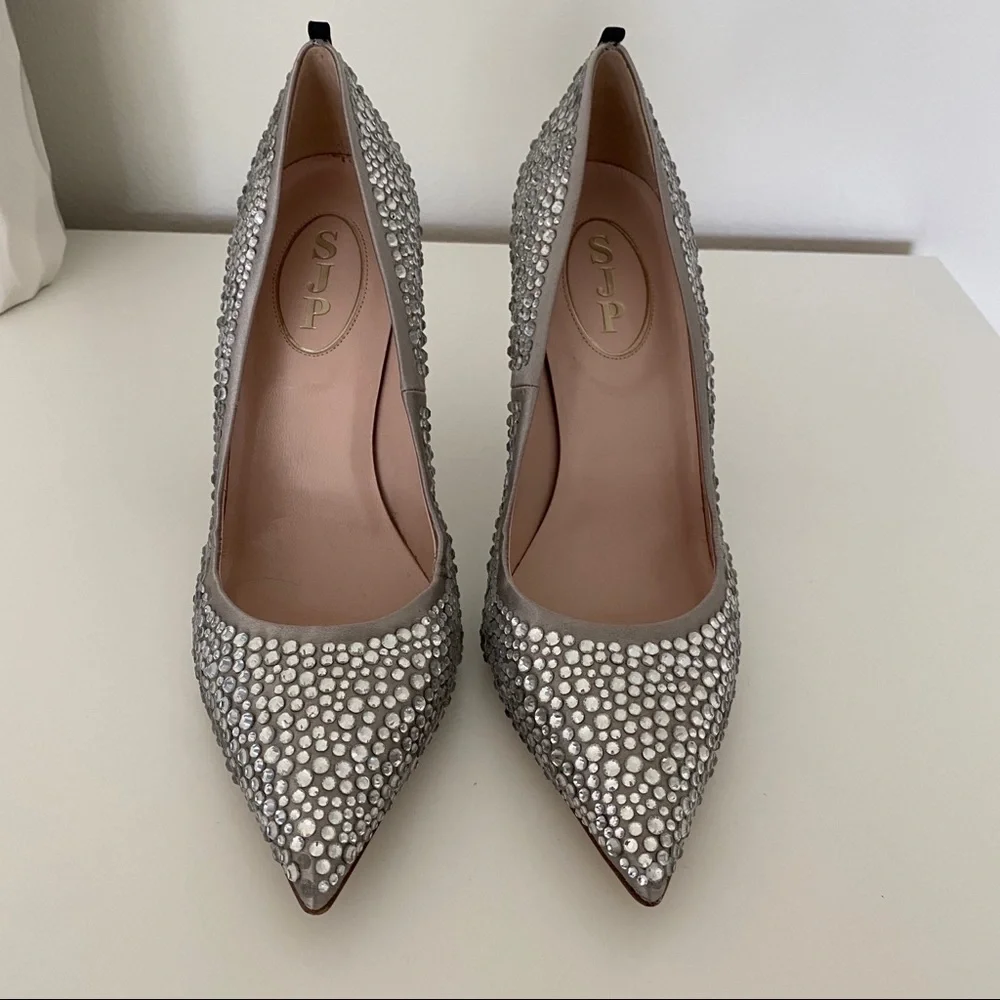 SJP by Sarah Jessica Parker Silver Crystal Embellished Pointed-Toe Heels - Picture 3 of 8